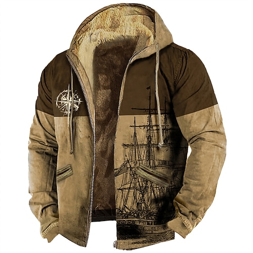 

Christmas Mens Graphic Hoodie Ship Prints Cool Daily Classic 3D Zip Jacket Fleece Holiday Vacation Going Out Hoodies Brown Army Green Dark Winter Cotton