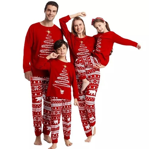 

Family Christmas Pajamas Graphic School Print Red Blue Long Sleeve Mommy And Me Outfits Active Matching Outfits