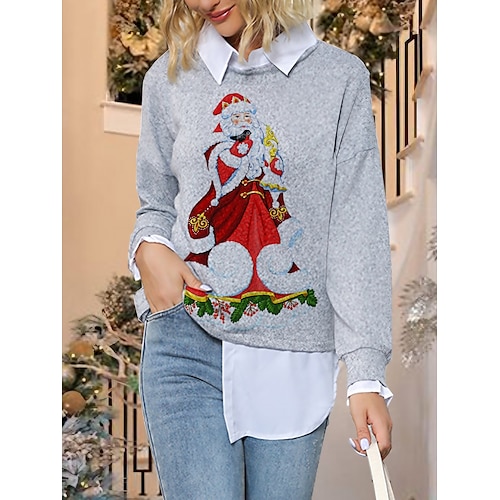 

Women's Ugly Christmas Sweater Pullover Sweater Jumper Crew Neck Ribbed Knit Polyester Knitted Print Fall Winter Regular Outdoor Xmas Holiday Daily Stylish Casual Long Sleeve Santa Claus Wine Red