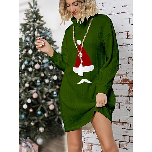 

Mulheres Vestido de moletom Gola Alta Estriado Tricotar Imprimir Outono Inverno Longo Natal à moda Macia Manga Longa Papai Noel Amarelo Verde S M L