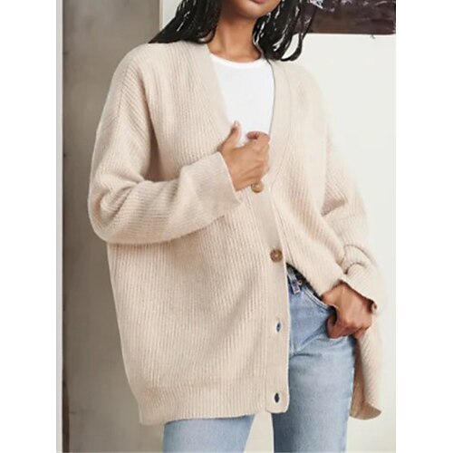 

Women's Cardigan Sweater V Neck Ribbed Knit Knit Button Fall Winter Regular Outdoor Daily Going out Stylish Casual Soft Long Sleeve Solid Color Black White Brown XS S M