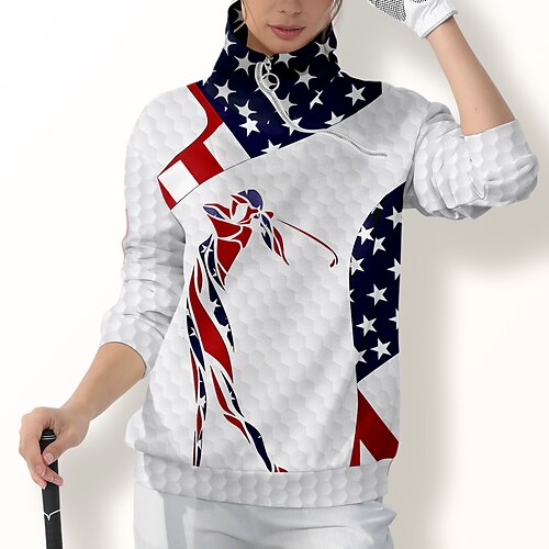 

Women's Golf Hoodie Golf Pullover Golf Sweatshirt Thermal Warm Breathable Moisture Wicking Long Sleeve Golf Outerwear Top Regular Fit 1/4 Zip Stand Collar Flag Printed Spring Autumn Tennis Golf