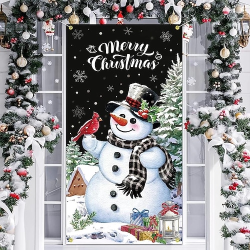 

Рождественский снеговик дверное покрытие счастливого Рождества дверные украшения зимний снеговик фон фон баннер для входной двери крыльцо рождественский декор для вечеринки
