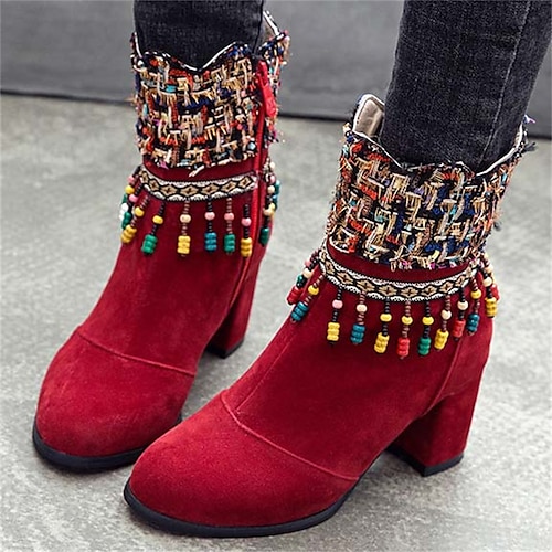 

Mulheres Botas Sapatos de camurça Tamanhos Grandes Botas de salto Ao ar livre Diário Forrada com Fleece Botas Botas Tornozelo Miçangas Salto Robusto Ponta Redonda Vintage Elegante Boêmia Camursa