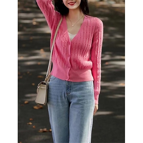 

Women's Cardigan Sweater Jacket V Neck Cable Knit Wool Button Knitted Fall Winter Regular Outdoor Daily Going out Fashion Streetwear Casual Long Sleeve Solid Color Pink Beige S M L