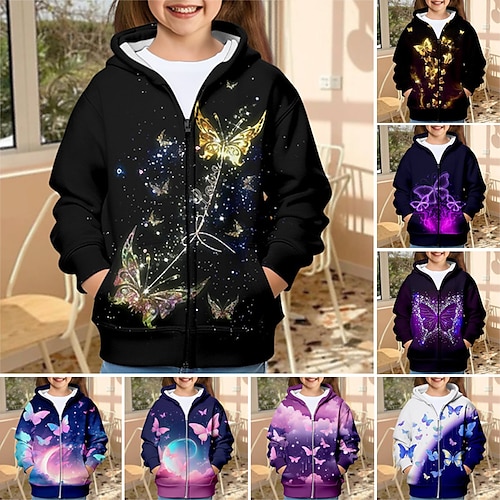 Girls' 3D Butterfly Hoodie Coat Outerwear Long Sleeve 3D Print Fall Winter Active Fashion Cute Polyester Kids 3-12 Years Outdoor Casual Daily Regular Fit