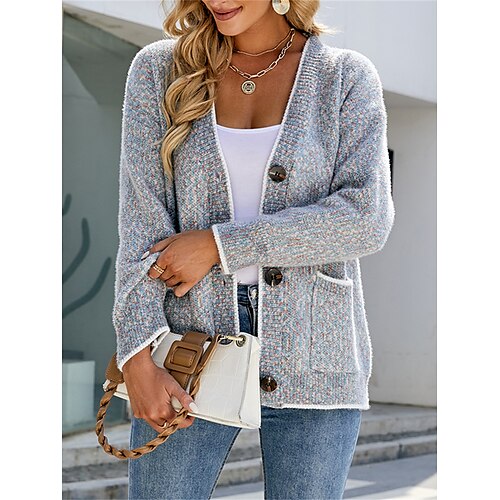

Gilet Cardigan Femme A côtes Tricoter Col V Polyester Patchwork Bouton Poche Automne Hiver Normal Extérieur du quotidien Sortie mode Décontractées Flexible manche longue Bloc de couleur Rose Claire