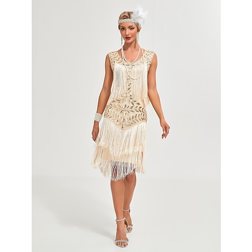 drop waist 1920s evening dress BABEYOND Vintage Sheer Sleeve Cocktail 1920s Party Dress, Fringe Gatsby Dress with Sleeves, Size M main image 0
