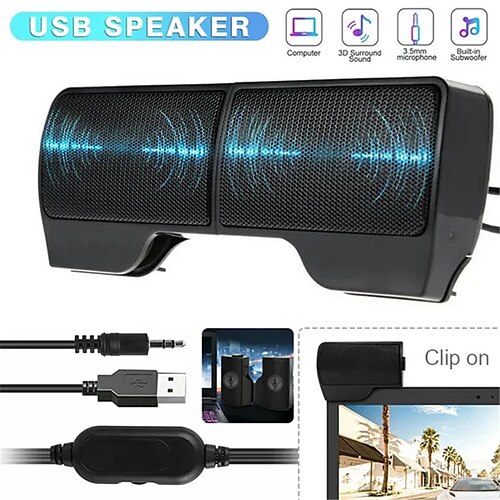 

1PC New USB Clip-on Computer Speakers Stereo Soundbar 3.5mm for Desktop PC/Laptop