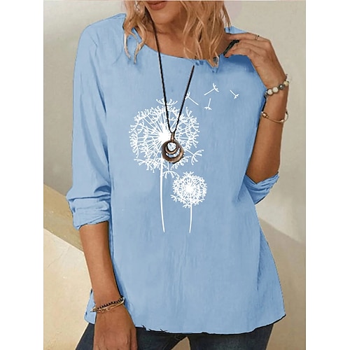 

Femme T shirt Tee Coton Noir Rose Claire Bleu Pissenlit Imprimer manche longue Vacances Fin de semaine Mode Col Rond Standard Fleur Peinture Printemps Automne