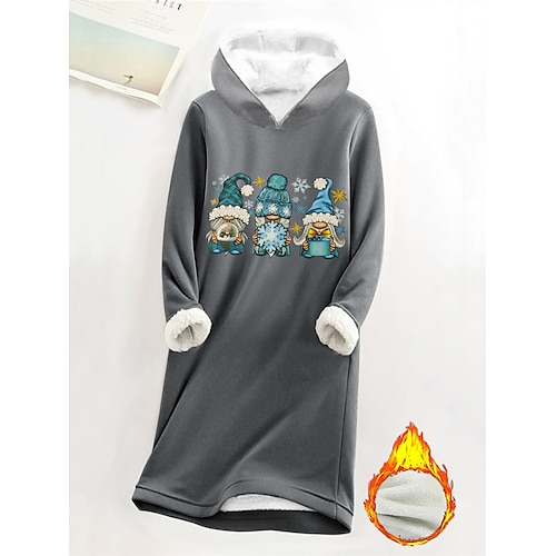 

Robe de Noël Robe Sweat Femme Mini robe Extérieur Noël Vacances manche longue Sweat à capuche Poche Imprimer Polaire Teddy Chaud père Noël Ample Noir Rose Claire Gris foncé S M L XL XXL