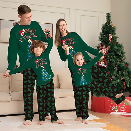 

Matching Family Christmas Pajamas Letter Trees Casual Comfort Soft Home Christmas Cotton Blend Breathable Gift Crew Neck Long Sleeve T shirt Tee Pant Fall Winter Green