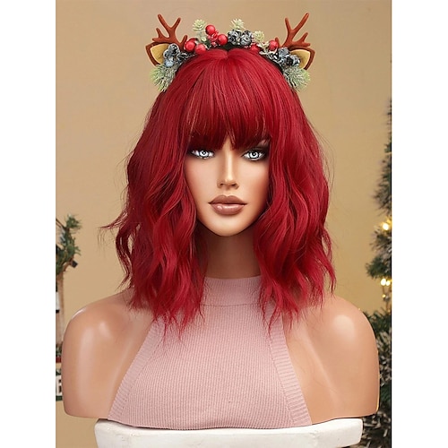 

14 Zoll schulterlange Bob-Perücken mit Pony, rotes lockiges, natürlich aussehendes Haar, hitzebeständige synthetische bunte Perücken für Frauen, tägliches Cosplay