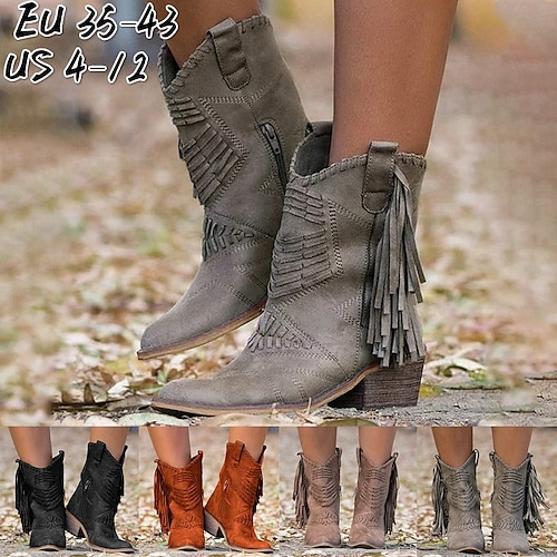 

Women's Boots Cowboy Boots Plus Size Outdoor Daily Booties Ankle Boots Tassel Block Heel Chunky Heel Pointed Toe Vintage Elegant Casual Faux Suede Zipper Solid Color Black Brown Gray