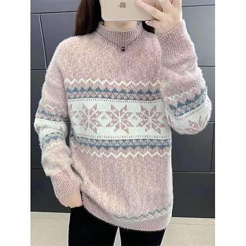 

Women's Ugly Christmas Sweater Pullover Sweater Jumper Christmas Sweaters Stand Collar Ribbed Knit Acrylic Knitted Fall Winter Regular Outdoor Xmas Daily Fashion Casual Soft Long Sleeve Snowflake