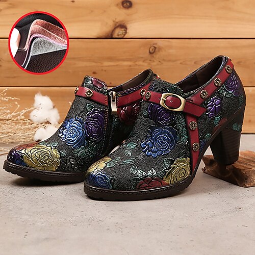 

Mujer Tacones Tallas Grandes Zapatos hechos a mano Diario Hebilla Tacón de gatito Dedo Puntiagudo Vintage Casual Confort Cuero Cremallera Floral Bordado Negro