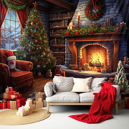 

Christmas Fireplace Cozy Hanging Tapestry Wall Art Xmas Large Tapestry Mural Decor Photograph Backdrop Blanket Curtain Home Bedroom Living Room Decoration