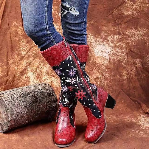 

Damen Stiefel Übergrössen Täglich Kniehohe Stiefel Kätzchen-Ferse Spitze Zehe Vintage Brautkleider schlicht Komfort Kunstleder Reißverschluss Blumen Rot