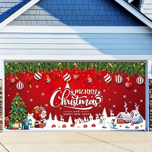 

Couverture de porte de garage extérieure de noël, bannière de noël, père noël, bonhomme de neige, grande décoration de fond de noël pour vacances, porte de garage extérieure, décorations murales de