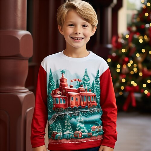 

Natal Para Meninos 3D Trem Camiseta Camisa Manga Longa Impressão 3D Outono Inverno Esportes Moda Roupa de rua Poliéster Infantil 3-12 anos Gola Redonda Ao ar livre Casual Diário Normal