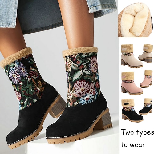 

Women's Boots Snow Boots Plus Size Work Boots Outdoor Work Daily Fleece Lined Mid Calf Boots Platform Round Toe Fashion Elegant Classic PU Solid Color Black Pink Beige