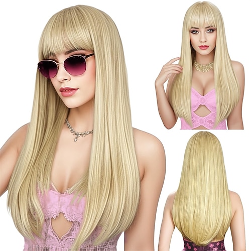

Blonde Perücke mit Pony, lange gerade Perücken für Frauen, Naturhaarperücken, synthetische blonde Perücken für Mädchen, tägliche Party, Halloween, Cosplay-Perücke, 55,9 cm