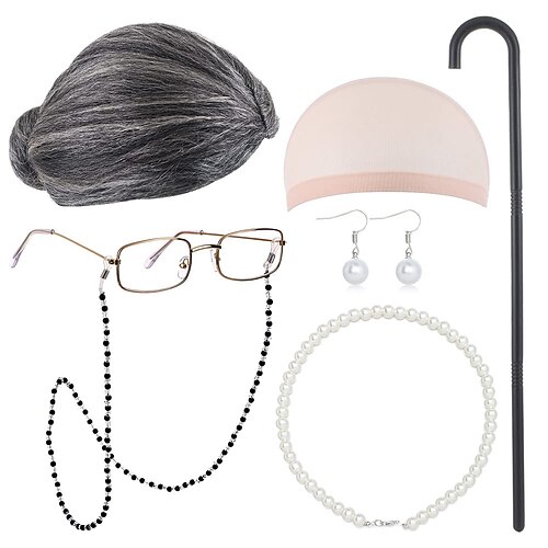 

vieille dame cosplay ensemble mamie perruque bonnet de perruque canne à pied lunettes chaîne cordons fausse perle collier de perles mascarade cosplay costume fête décoration pour enfants