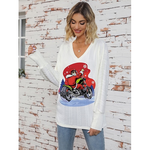 

mujer suéter jersey cuello pico acanalado punto estampado otoño invierno regular navidad elegante suave manga larga papá noel blanco rojo s m l