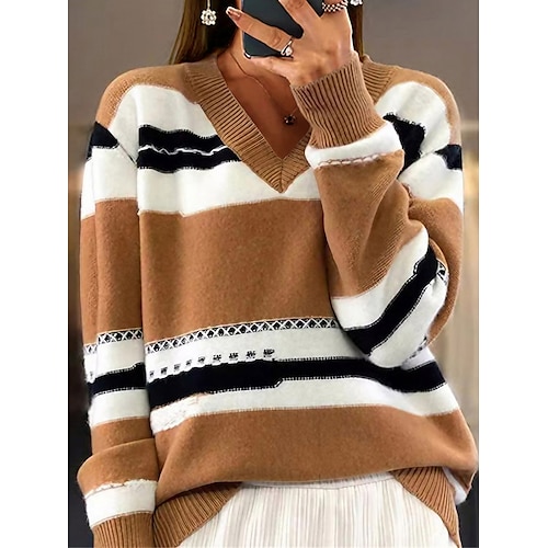 

Damen Pullover V Ausschnitt Gerippt Stricken Acryl Patchwork Strick Herbst Winter Standard Outdoor Täglich Ausgehen Stilvoll Brautkleider schlicht Weich Langarm Farbblock Gestreift Rosa Kamel Grün S