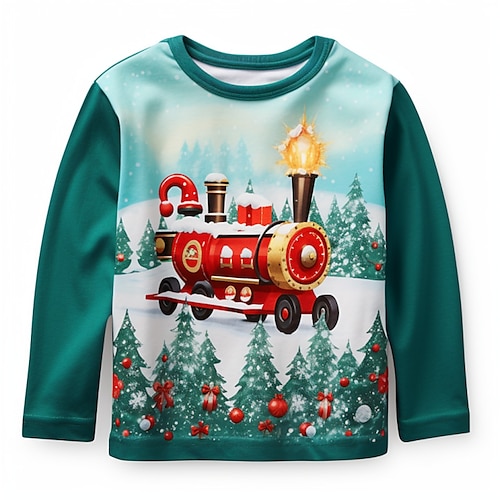 

Natal Para Meninos 3D Trem Camiseta Camisa Manga Longa Impressão 3D Outono Inverno Esportes Moda Roupa de rua Poliéster Infantil 3-12 anos Gola Redonda Ao ar livre Casual Diário Normal