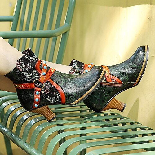 

Women's Boots Handmade Shoes Cowgirl Boots Heel Boots Daily Booties Ankle Boots Beading Zipper Stiletto Heel Round Toe Vintage Fashion Polyester Sheepskin Zipper Floral Color Block Green