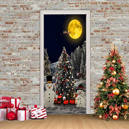 

Weihnachten dekorative Tür Aufkleber 3D Simulation bewegliche wasserdichte Wandaufkleber DIY Tapete für Schlafzimmer Wohnzimmer