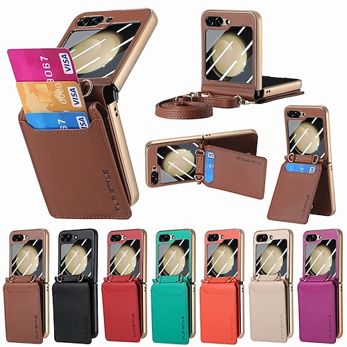 

teléfono Funda Para Samsung galaxia Z Flip 5 Tarjetas billetera y protector de pantalla con cordón Caballete Color sólido ordenador personal Cuero de PU