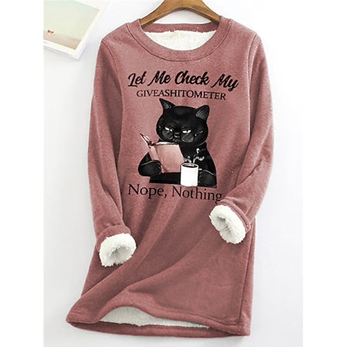 

Women's Sweatshirt Pullover Sherpa Fleece Lined Cat Letter Casual Sports Yellow Dark Pink Red Warm Fuzzy Round Neck Long Sleeve Top Micro-elastic Fall & Winter