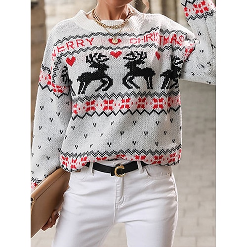 

Mujer Suéter navideño feo Suéter de punto Puente Estriado Tejer Regular Retazos Corazón Cuello Barco Elegante Casual Exterior Navidad Otoño Invierno Blanco S M L