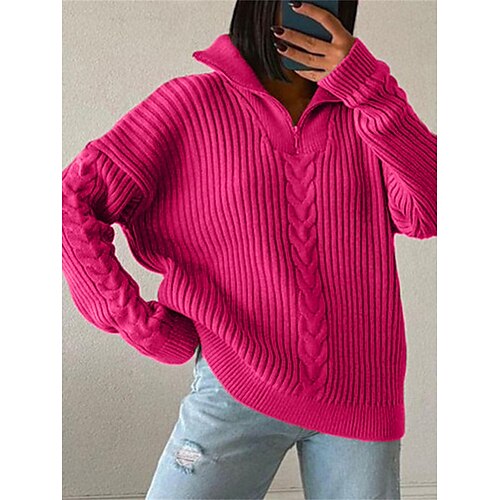 

Mulheres Pulôver suéter Colarinho de Camisa Cabo Tricotar Poliéster Zíper Outono Inverno Padrão Ao ar livre Diário Para Noite à moda Casual Macia Manga Longa Côr Sólida Preto Rosa Azul S M L