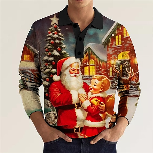 

Santa Claus Elk Casual Men's 3D Print Golf Polo Outdoor Casual Daily Streetwear Christmas Polyester Long Sleeve Turndown Polo Shirts Blue Green Gray Fall Winter S M L Micro-elastic Lapel Polo