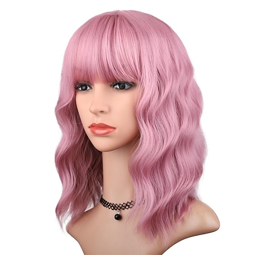 

Pink Wig with Bangs for Women 14 Inch Short Bob Wavy Curly Wig Pastel Pink Hair Wigs Heat Resistant Synthetic Wigs