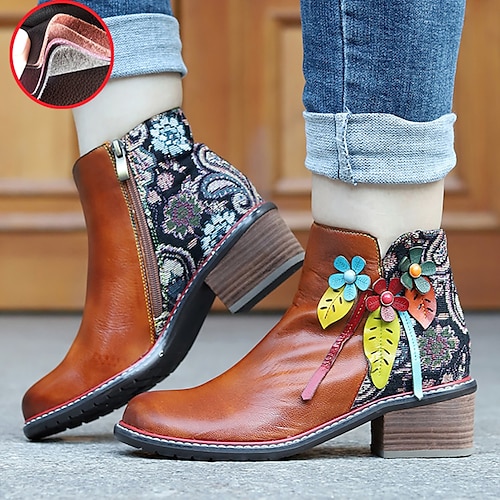 

Damen Stiefel Handgefertigte Schuhe Vintage-Schuhe Cowgirl-Stiefel Täglich Stiefeletten Stiefeletten Reißverschluss Blume Blockabsatz Runde Zehe Vintage Brautkleider schlicht Komfort Polyester