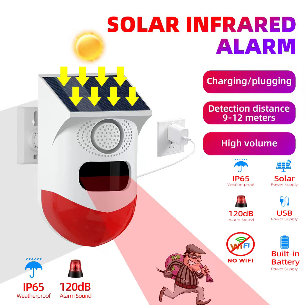 

Alarma de detección de cuerpo humano para exteriores, carga solar por usb, control remoto, luz de alarma, luz de detección de conducción, luz antirrobo, 1 ud.