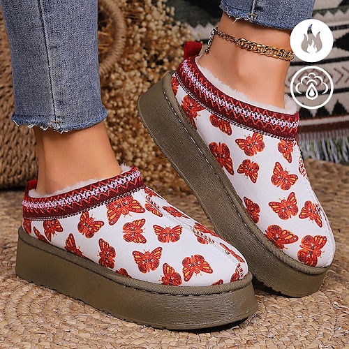 

Women's Orange Butterfly Graphic Print Velvet Warmth Thick-soled Cotton Shoes