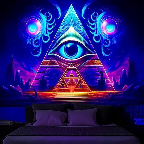 

Tapisserie à lumière noire, lueur réactive aux UV dans la pyramide égyptienne trippy, paysage naturel brumeux, tapisserie murale à suspendre pour salon et chambre à coucher