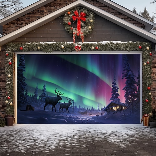 

Cubierta de puerta de garaje al aire libre de Navidad renos aurora pancarta de puerta de Navidad fiesta mural de puerta grande decoración de fondo de Navidad para vacaciones decoraciones de pared