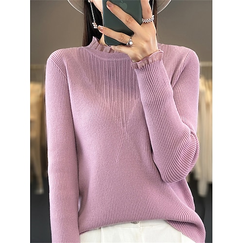 

Women's Pullover Sweater Jumper Crew Neck Ribbed Knit Wool Ruffle Fall Winter Regular Outdoor Daily Going out Stylish Casual Soft Long Sleeve Solid Color Black White Purple S M L