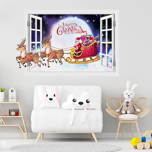 

Pegatinas de pared con escena de alce y Papá Noel, mural de ventana falso navideño en 3D, calcomanías de pared para sala de estar, dormitorio, comedor, ventana de casa, decoración de pared con