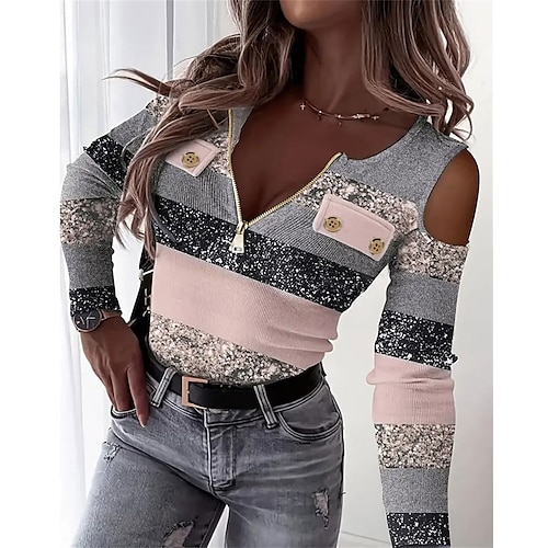 

Damen T Shirt Farbblock Gelb Rosa Blau Bedruckt Ausgeschnitten Viertel Postleitzahl Langarm Täglich Wochenende Modisch Rundhalsausschnitt Troyer Halber Reißverschluss Regular Fit Frühling Herbst