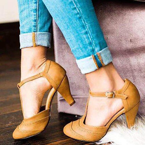 

Women's Heels Pumps Brogue Plus Size Ankle Strap Heels Party Outdoor Daily Color Block Kitten Heel Cone Heel Round Toe Elegant Vintage Fashion Faux Leather Buckle Black Brown Beige