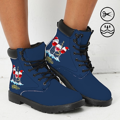 

Bottes de noël pour femmes, verre à vin joyeux noël avec chapeau de père noël imprimé graphique, bottines confortables et décontractées à lacets