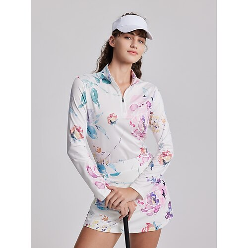 

Damen poloshirt Golfhemd Atmungsaktiv Schnelltrocknend Feuchtigkeitsableitung Langarm Golfbekleidung Golfkleidung Regular Fit Zip Stehkragen Blumen Frühling Herbst Tennis Golfspiel Pickleball