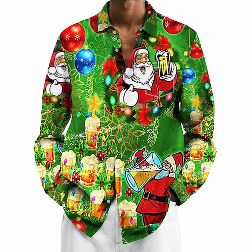 

Papá Noel Casual Hombre Camisa Ropa Cotidiana Noche Otoño invierno Cuello Vuelto Manga Larga Verde Trébol S, M, L Tejido elástico en 4 direcciones Camisa Navidad